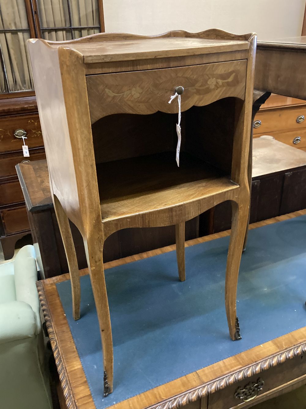 A French marquetry inlaid kingwood bedside cabinet, width 37cm, depth 30cm, height 74cm